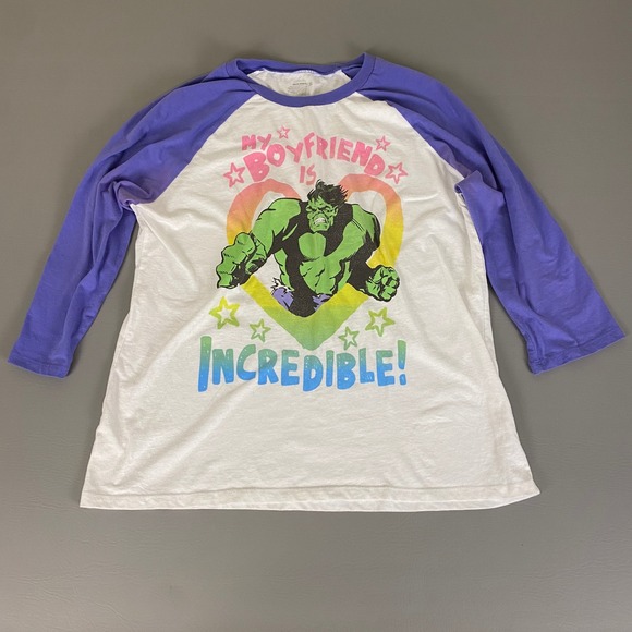 Old Navy T-Shirt Women's XL Marvel Hulk My Boyfriend Is Incredible Raglan - Picture 1 of 16